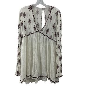 Free People Cream/Brown Boho Embroidered Tunic Blouse Women's, Size S Preowned